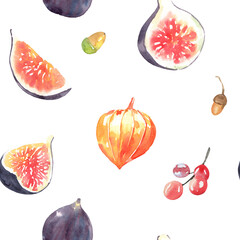 Watercolor pumpkin, figs, leaves seamless pattern isolated. Hand painted white botanical autumn floral illustration, pumpkin ornament for thanksgiving, halloween fabric, greeting card design,diy