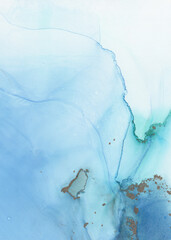 Abstract blue art with green — light blue background, beautiful smudges and stains made with alcohol ink. Turquoise fluid art texture resembles fog, smoke, air, water, watercolor or aquarelle.