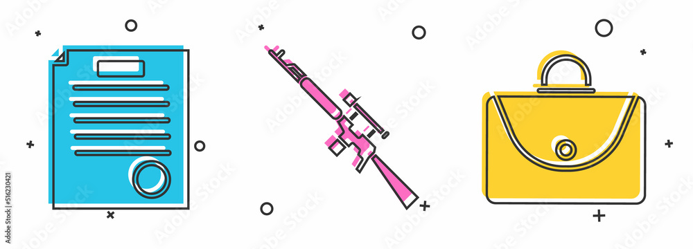 Poster set the arrest warrant, sniper rifle with scope and briefcase icon. vector