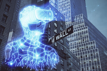 Double exposure of AR people drawing and cityscape background. Concept of augmented reality.