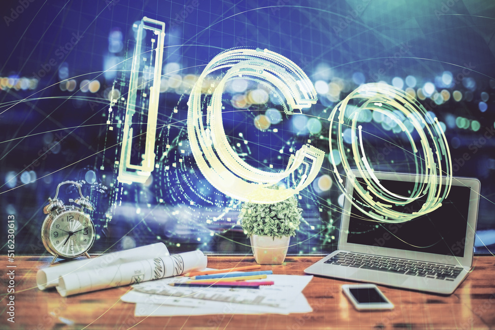 Poster double exposure of blockchain and crypto economy theme hologram and table with computer background. 