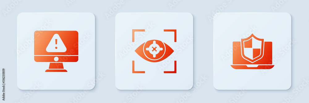 Poster set eye scan, monitor with exclamation mark and laptop protected shield. white square button. vector