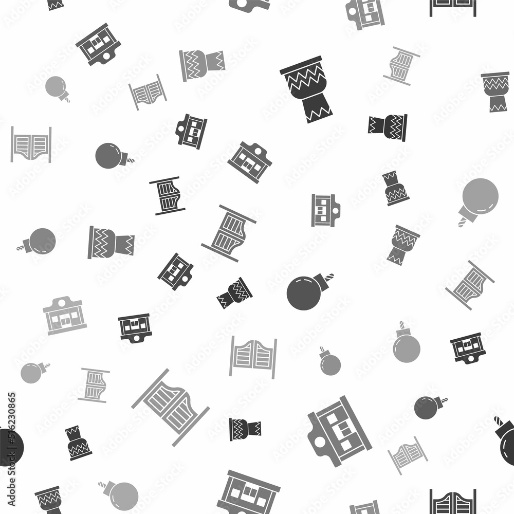 Poster set drum, wild west saloon, bomb ready to explode and saloon door on seamless pattern. vector