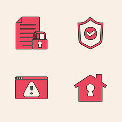 Set House under protection, Document and lock, Shield with check mark and Browser exclamation icon. Vector