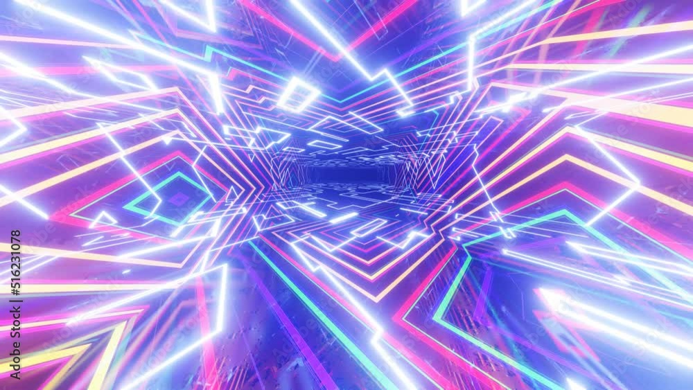 Poster fly through technology cyberspace with neon glow. sci-fi flight through hi-tech technology tunnel. g