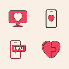 Set Heart, Like and heart, Online dating app chat and Mobile with icon. Vector