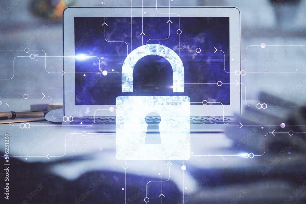 Aufkleber Double exposure of desktop with computer and lock icon hologram. Concept of data safety.