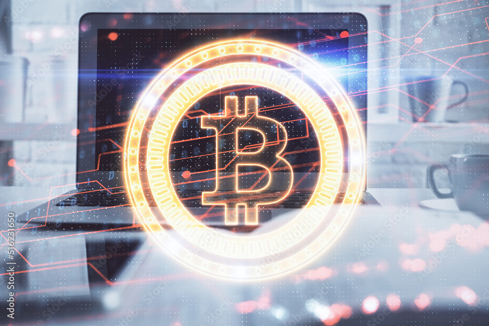 Poster Multi exposure of blockchain theme hologram and table with computer background. Concept of bitcoin crypto currency.