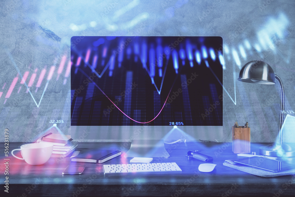 Poster forex market graph hologram and personal computer on background. multi exposure. concept of investme