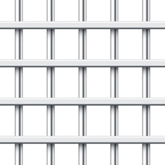 Realistic metal prison bars isolated on white background. Detailed jail cage, prison iron fence. Criminal background mockup. Creative vector illustration.