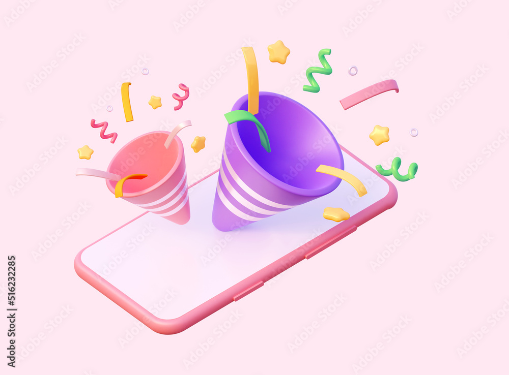 Poster concept of congratulations online. 3d popper for a party with confetti and a firecracker, on a mobil
