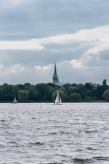 Lake in Hamburg. View of the cathedral.