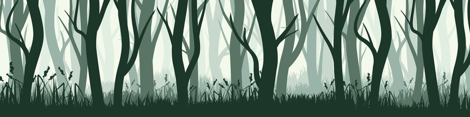 Wild forest with various coniferous or deciduous trees. Wide horizontal banner with various tree trunks silhouettes and grass. Dark misty pine forest landscape, panorama. Vector illustration