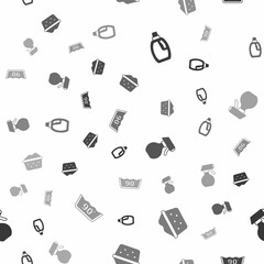 Fototapeta premium Set Bottle for cleaning agent, Basin with soap suds, Water spray bottle and Temperature wash on seamless pattern. Vector