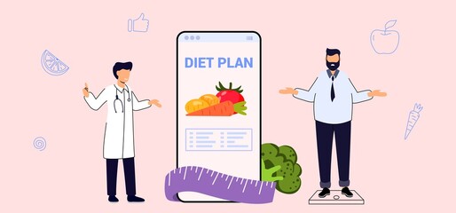 Nutritionist concept Diet plan Weight loss program Online medical consultation Healthcare Nutrition therapy Healthy food and physical activity Vector illustration flat Checklist Doctor planning diet