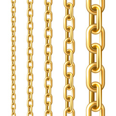 Realistic gold plated seamless metal chain with golden links isolated on white background. Vector illustration.