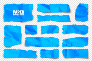Blue ripped paper strips. Realistic colorful crumpled paper scraps with torn edges. Shreds of notebook pages. Vector illustration