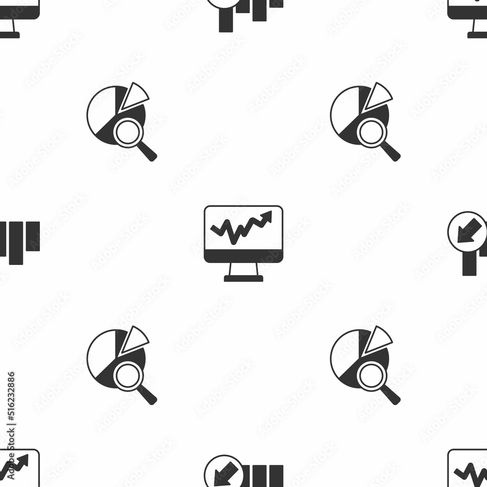 Aufkleber set financial growth, monitor with graph chart and search data analysis on seamless pattern. vector