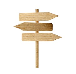 Three empty, blank wooden arrow signs on wood post with room for text, wooden board direction signs template isolated on white background