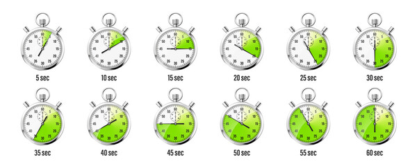 Realistic classic stopwatch icons. Shiny metal chronometer time counter with dial. Green countdown timer showing minutes and seconds. Time measurement for sport, start and finish. Vector illustration