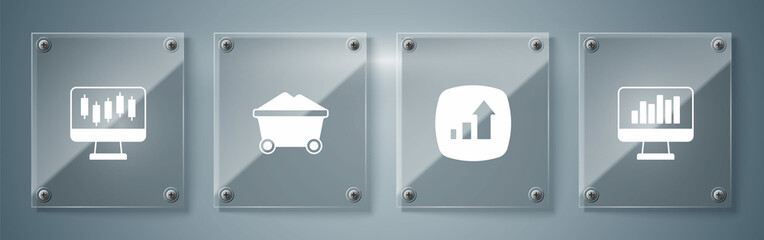 Set Monitor with graph chart, Financial growth, Coal mine trolley and Stocks market graphs. Square glass panels. Vector
