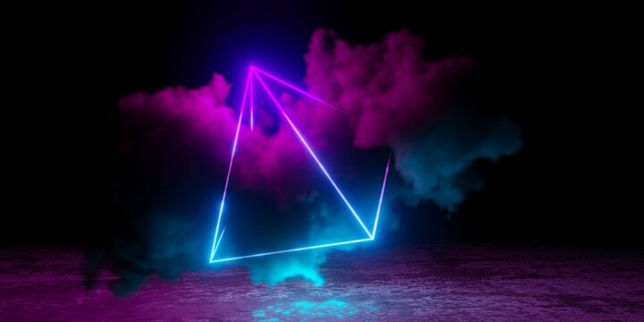 Abstract cyan blue and pink neon glowing wireframe pyramid with large smoke cloud and rough shiny floor