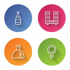 Set line Champagne bottle, Home stereo with two speakers, Woman dress and Female gender symbol. Color circle button. Vector