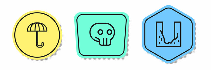Set line Umbrella, Skull and Cemetery digged grave hole. Colored shapes. Vector