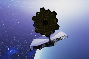 James Webb telescope somewhere in extreme deep outer space near blue planet. 3D rendered illustration.