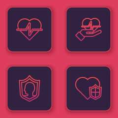 Set line Life insurance, with shield, hand and . Blue square button. Vector