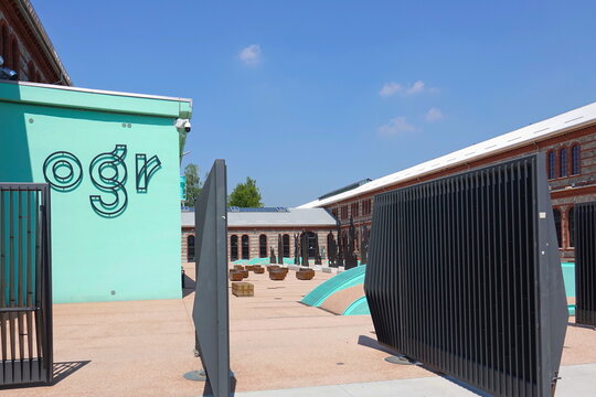 External facade and main entrance of the new OGRs host exhibitions, shows, concerts, theatre and dance events, workshops, start-ups. Turin Italy