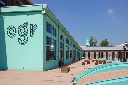Turin, Italy - June 2019 External facade and main entrance of the new OGRs host exhibitions, shows, concerts, theatre and dance events, workshops, start-ups.