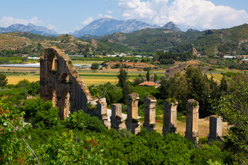Scenic landscape of aqueduct in anciet city Aspendos, Antalya Province, Turkey.