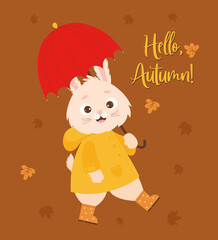 Autumn poster. Happy rabbit in raincoat and rubber boots under an umbrella against background of falling autumn leaves. Hello, Autumn. Vector illustration. Autumn character bunny for cards and design.