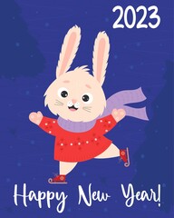Fototapeta na wymiar 2023. Happy New Year poster. Happy cute rabbit skating. Bunny symbol is of year. Chinese New Year is year of the rabbit. Vector illustration. Rabbit character for greeting cards and print.