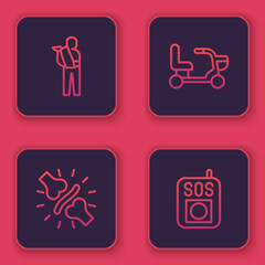 Set line Human broken arm, Joint pain, knee pain, Electric wheelchair and Press the SOS button. Blue square button. Vector