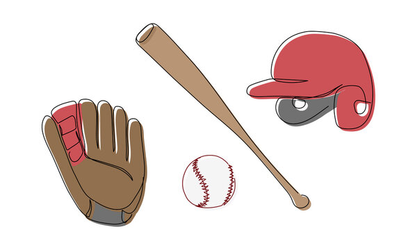 Baseball colored set with glove, ball, helmet, bat one line art. Continuous line drawing player, pitcher, hardball, softball, sports, activity, american, game, training, leisure uniform match, color.