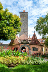 Fortified castle gate in the medieval old town of Rothenburg ob der Tauber in the district of Ansbach of Mittelfranken (Middle Franconia) in the Franconia region of Bavaria in Germany