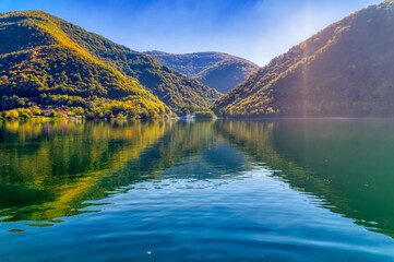 Fototapeta na wymiar Great Pliva lake landscape during sunny autumn day.
