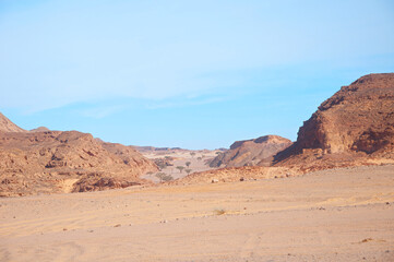 Fototapeta na wymiar Wild Sahara desert with mountains rising from sands on horizon on hot sunny summer day. Beautiful landscape of wild sandy area under blue sky 