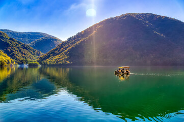 Great Pliva lake landscape during sunny autumn day.