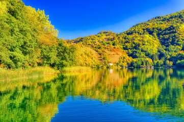Fototapeta premium Great Pliva lake landscape during sunny autumn day.