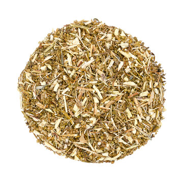 Dried sweet wormwood, Artemisia annua, herb circle from above. The discovery of plant extract artemisinin is a Nobel prize awarded medication used to treat malaria. Used in TCM as tea to treat fever.