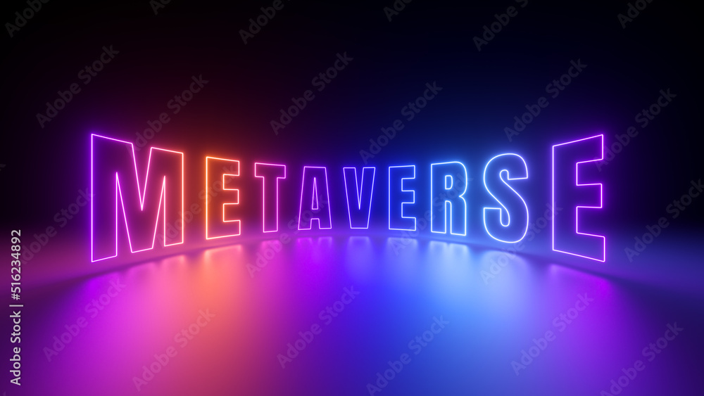 Poster 3d render, abstract panoramic background with metaverse word glowing with ultraviolet light. empty s