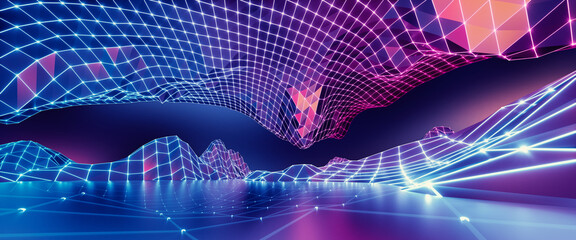 3d render, abstract geometric background, virtual reality environment, cyber space landscape with mountains. Mesh surface glowing with neon light - 516234867