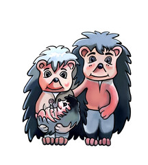 Mom, dad and baby hedgehog, watercolor illustration for children's products. Family portrait of a hedgehog family.
