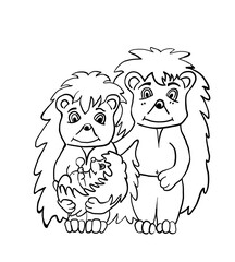 Hedgehog family - mom, dad and baby hedgehog, illustration for children's coloring. Black and white drawing in one line.