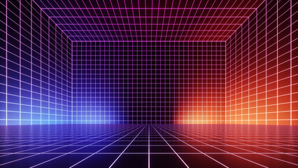 3d render, abstract futuristic background, empty virtual room, cyber space with grid, glowing with violet red neon light © wacomka