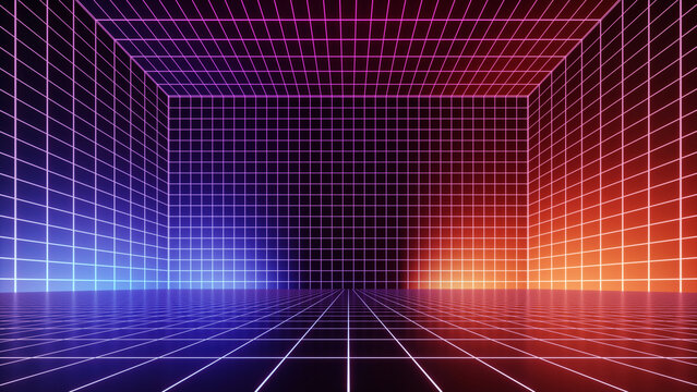 3d render, abstract futuristic background, empty virtual room, cyber space with grid, glowing with violet red neon light