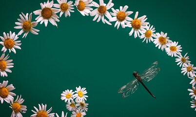 Fototapeta na wymiar close up of green dragonfly on white daisy